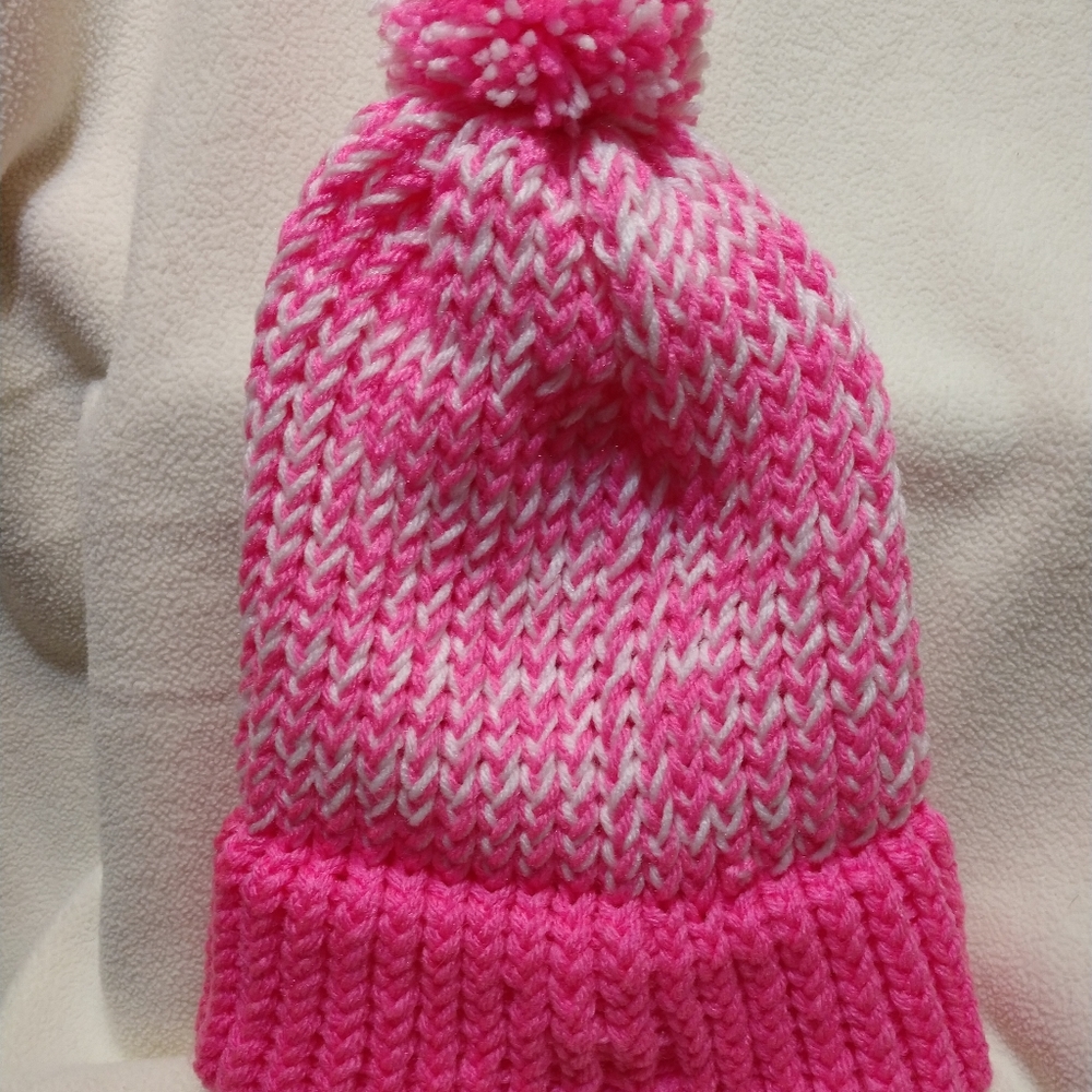 Pink & white hand knitted two tone beanie